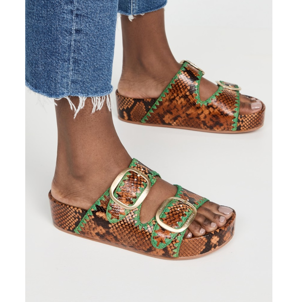 Loeffler Randall Brown and Green Snake Print Sandals